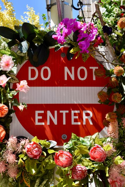 A vibrant floral arrangement surrounds a red and white 'Do Not Enter' traffic sign, featuring a variety of flowers including pink peonies, purple bougainvillaea, peach-colored roses, and greenery. The