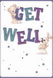 The joyful design of this get well card instantly lifts the spirits, much like the first signs of spring blooming around Kennington's hidden gardens. On the card's pristine background, a sweet teddy bear and an exuberant puppy nearly leap off the page-each gripping, hugging, and balancing giant colourful letters that spell 'Get Well' in bold hues of deep blue, violet, and teal. Scattered star motifs, painted in swirling blues and purples, shimmer throughout, adding an extra touch of whimsy and hope reminiscent of an evening sky above Kennington Park Road. Every brushstroke in the fur of both bear and pup is so tactile, it calls to mind the comforting textures found in handcrafted bouquets delivered by local florists. Beyond its cheerful colours and playful scene, this card carries a sincere message-a blend of kindness and gentle encouragement perfect for sending alongside fragrant flowers to a friend in need nearby. Within its heartfelt illustration, the card delivers not only warm wishes but a sense of genuine community and empathy, brightening recovery days in the Kennington area.